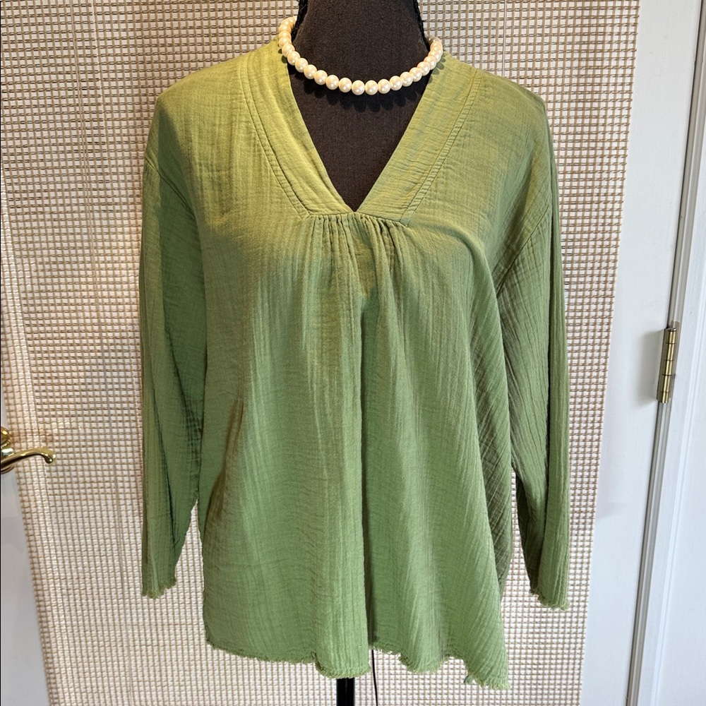 NWT! MSRP $76 Gauze Olive Green V-Neck Top with Fringe